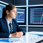 A professional, intelligent female student, fully clothed in a modest, appropriate school uniform, sits attentively at a clean, modern desk in a futuristic planning room. She is focused on a translucent holographic display showing abstract charts and graphs, representing in-game resources and strategic planning. Her expression is thoughtful and composed, with perfect anatomy and natural body proportions. Her well-formed hands are resting naturally on the desk. High-quality professional photography, soft studio lighting, clean background, safe for work, appropriate content, family-friendly.