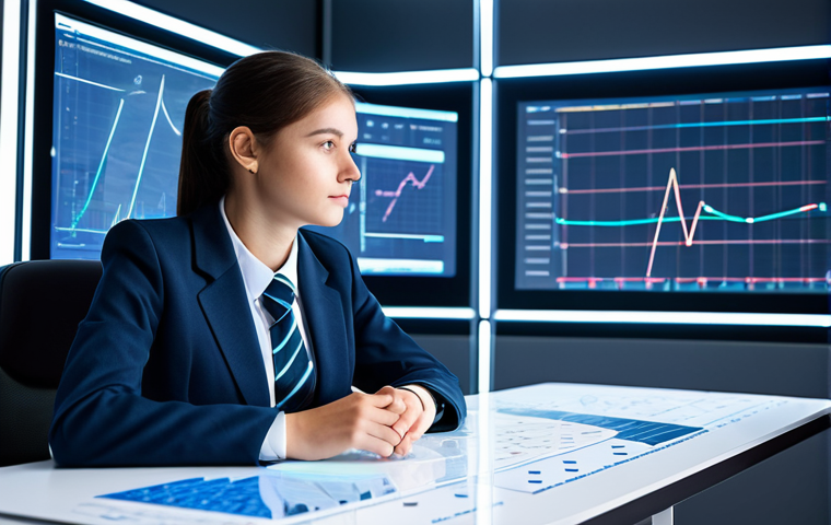 A professional, intelligent female student, fully clothed in a modest, appropriate school uniform, sits attentively at a clean, modern desk in a futuristic planning room. She is focused on a translucent holographic display showing abstract charts and graphs, representing in-game resources and strategic planning. Her expression is thoughtful and composed, with perfect anatomy and natural body proportions. Her well-formed hands are resting naturally on the desk. High-quality professional photography, soft studio lighting, clean background, safe for work, appropriate content, family-friendly.