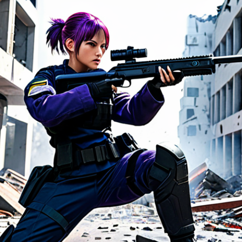 Home 10 Iori in Action**
"A determined young woman with purple hair, Iori, firing a futuristic rifle amidst falling debris of a destroyed office building, fully clothed in a tactical uniform, dynamic action pose, perfect anatomy, appropriate attire, safe for work, professional illustration, high quality."
**